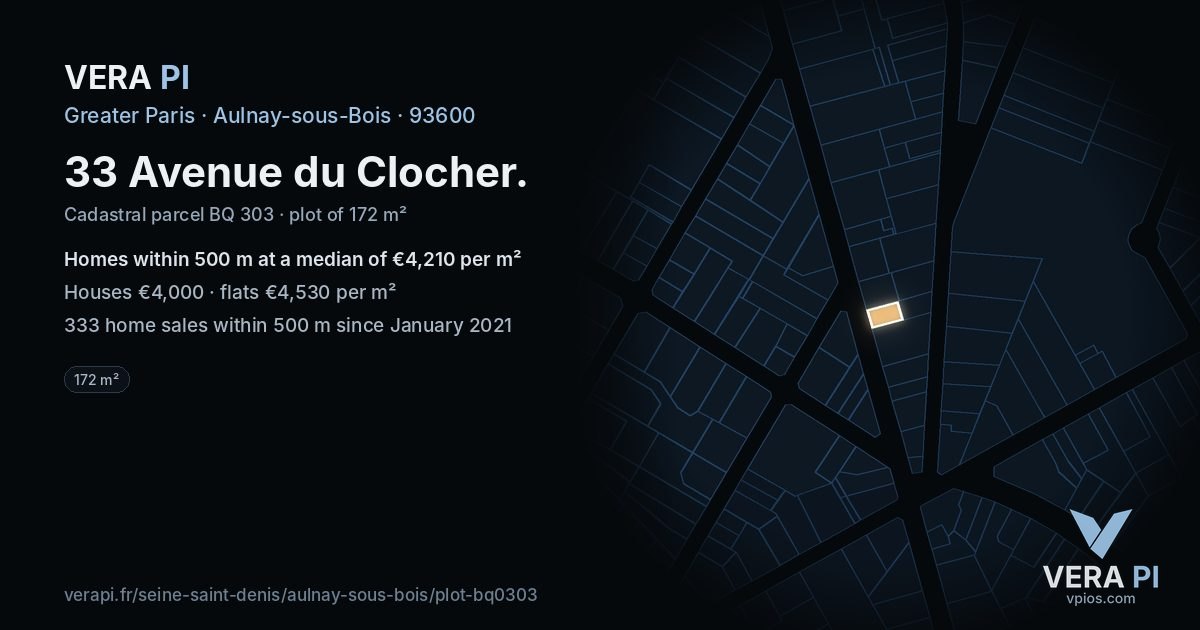 33 Avenue du Clocher, Aulnay-sous-Bois at night – the plot lit, the parcels around coloured by the prices near them