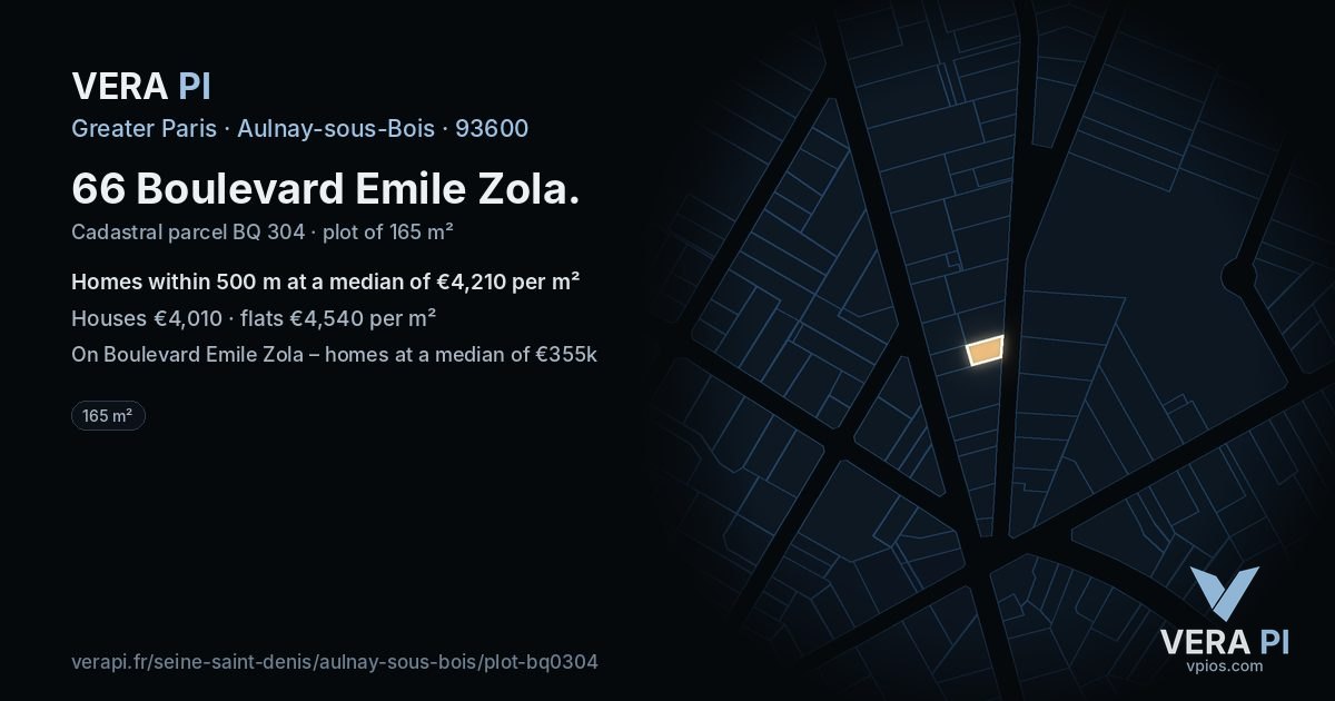 66 Boulevard Emile Zola, Aulnay-sous-Bois at night – the plot lit, the parcels around coloured by the prices near them