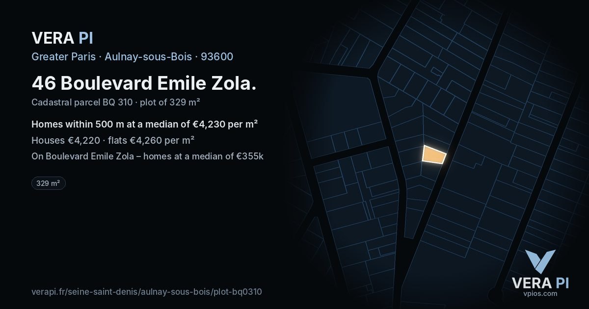 46 Boulevard Emile Zola, Aulnay-sous-Bois at night – the plot lit, the parcels around coloured by the prices near them