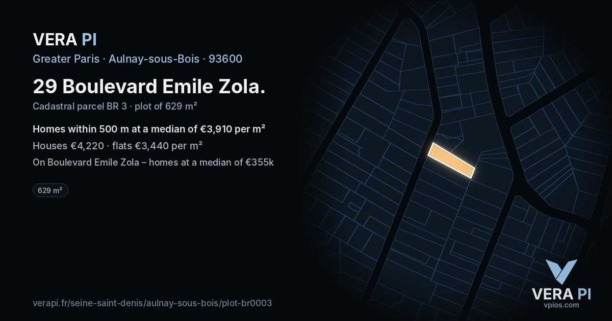 29 Boulevard Emile Zola, Aulnay-sous-Bois at night – the plot lit, the parcels around coloured by the prices near them