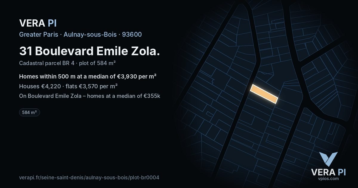 31 Boulevard Emile Zola, Aulnay-sous-Bois at night – the plot lit, the parcels around coloured by the prices near them