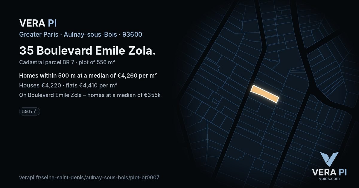 35 Boulevard Emile Zola, Aulnay-sous-Bois at night – the plot lit, the parcels around coloured by the prices near them