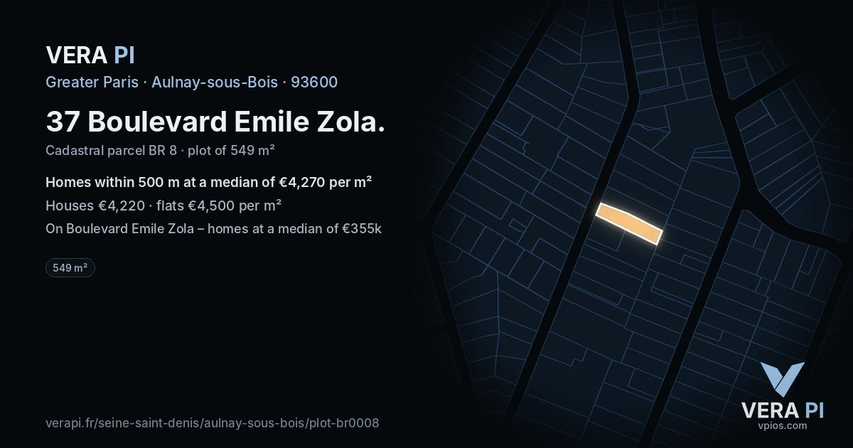 37 Boulevard Emile Zola, Aulnay-sous-Bois at night – the plot lit, the parcels around coloured by the prices near them