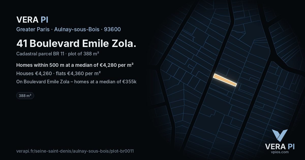 41 Boulevard Emile Zola, Aulnay-sous-Bois at night – the plot lit, the parcels around coloured by the prices near them