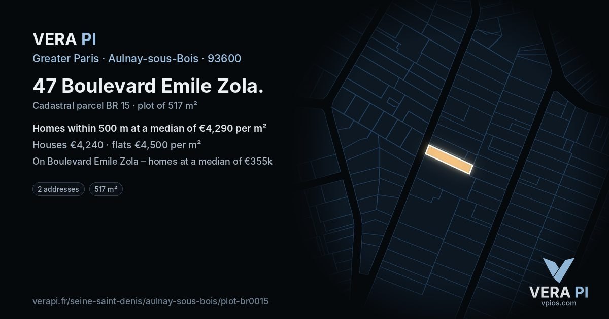 47 Boulevard Emile Zola, Aulnay-sous-Bois at night – the plot lit, the parcels around coloured by the prices near them
