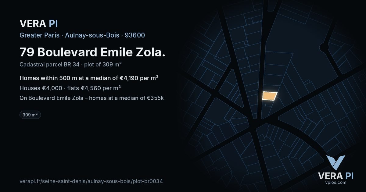 79 Boulevard Emile Zola, Aulnay-sous-Bois at night – the plot lit, the parcels around coloured by the prices near them