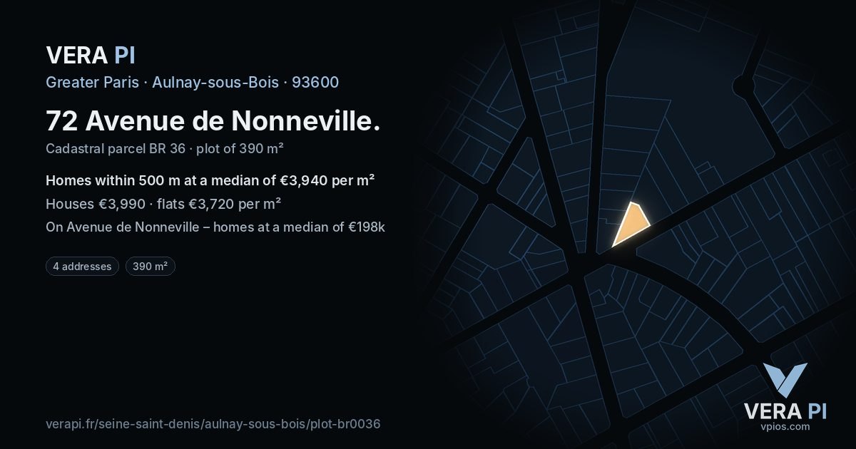 72 Avenue de Nonneville, Aulnay-sous-Bois at night – the plot lit, the parcels around coloured by the prices near them