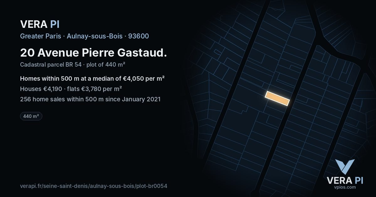 20 Avenue Pierre Gastaud, Aulnay-sous-Bois at night – the plot lit, the parcels around coloured by the prices near them