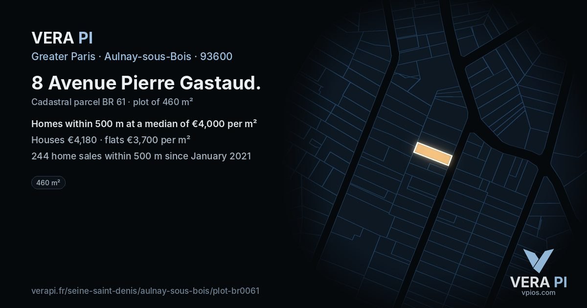 8 Avenue Pierre Gastaud, Aulnay-sous-Bois at night – the plot lit, the parcels around coloured by the prices near them