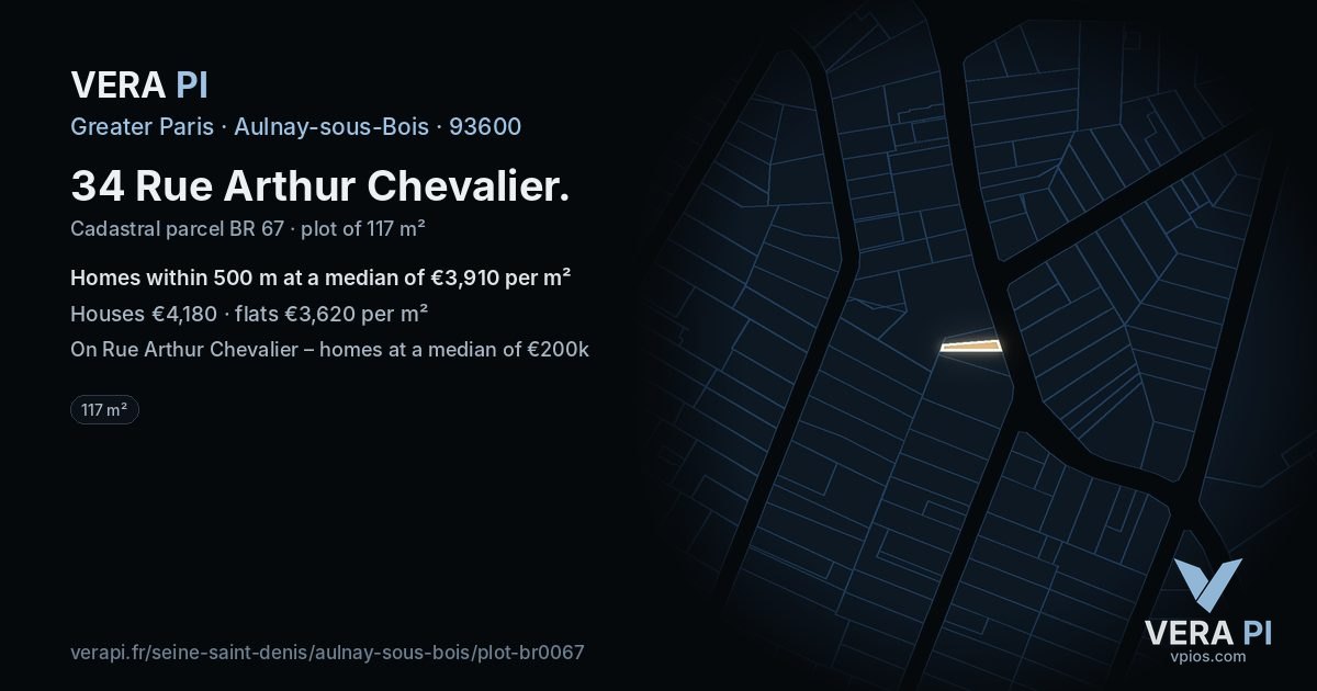 34 Rue Arthur Chevalier, Aulnay-sous-Bois at night – the plot lit, the parcels around coloured by the prices near them