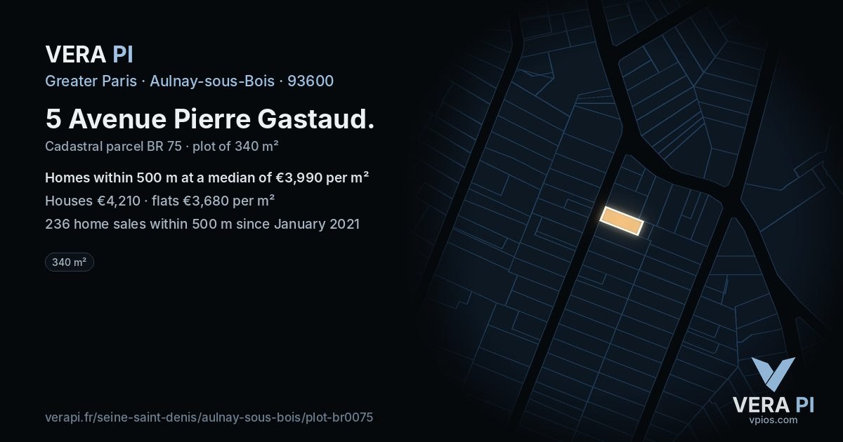 5 Avenue Pierre Gastaud, Aulnay-sous-Bois at night – the plot lit, the parcels around coloured by the prices near them