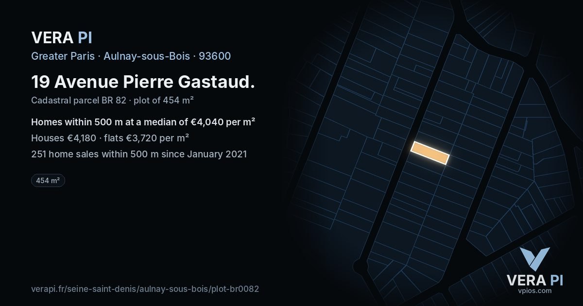 19 Avenue Pierre Gastaud, Aulnay-sous-Bois at night – the plot lit, the parcels around coloured by the prices near them