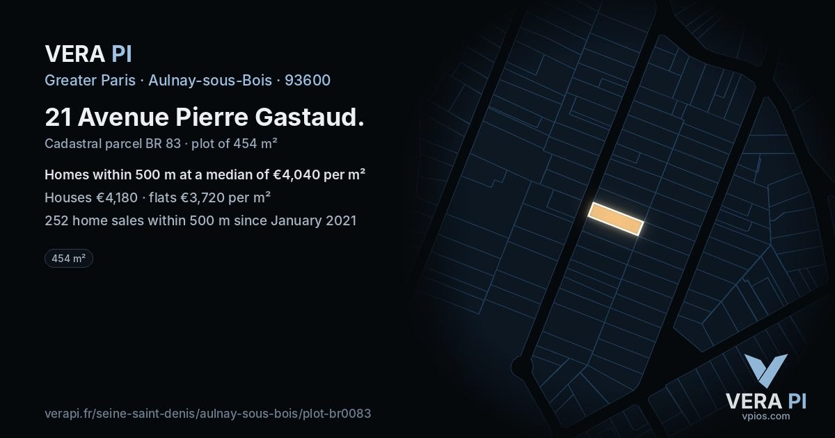 21 Avenue Pierre Gastaud, Aulnay-sous-Bois at night – the plot lit, the parcels around coloured by the prices near them