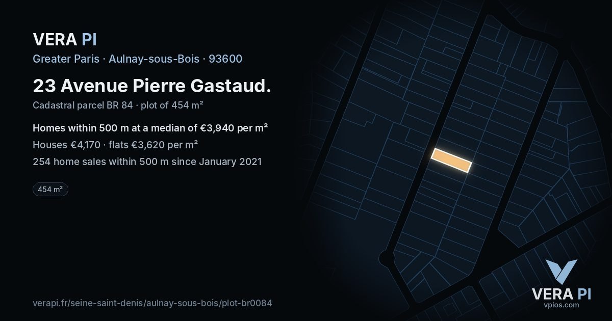 23 Avenue Pierre Gastaud, Aulnay-sous-Bois at night – the plot lit, the parcels around coloured by the prices near them