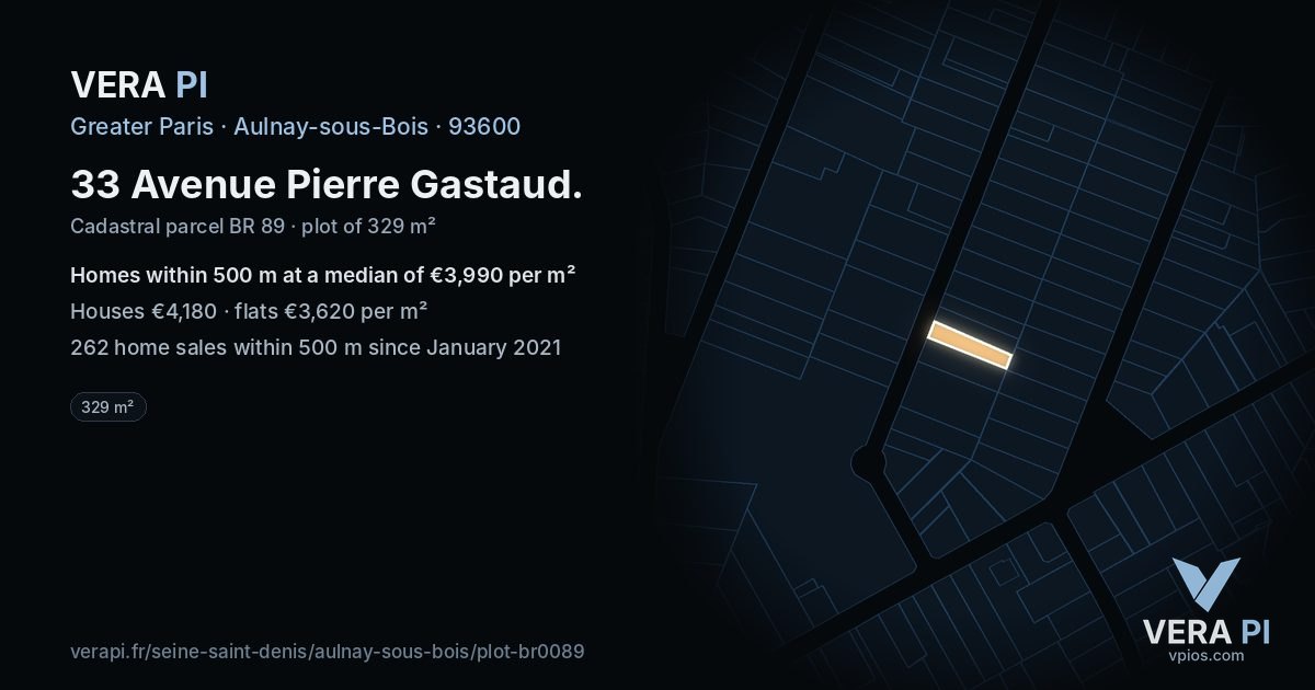 33 Avenue Pierre Gastaud, Aulnay-sous-Bois at night – the plot lit, the parcels around coloured by the prices near them