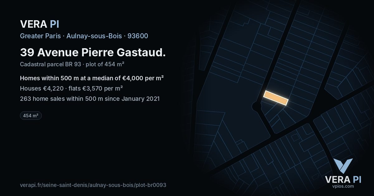 39 Avenue Pierre Gastaud, Aulnay-sous-Bois at night – the plot lit, the parcels around coloured by the prices near them