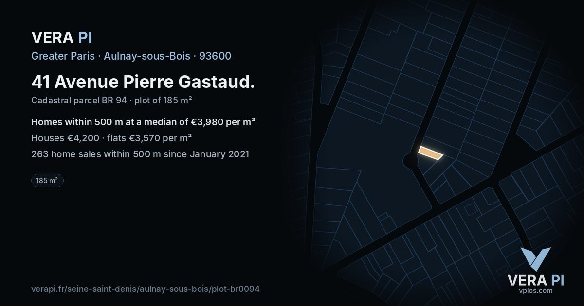 41 Avenue Pierre Gastaud, Aulnay-sous-Bois at night – the plot lit, the parcels around coloured by the prices near them