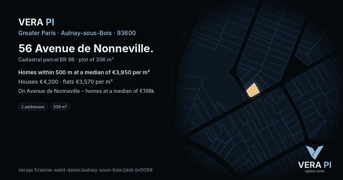 56 Avenue de Nonneville, Aulnay-sous-Bois at night – the plot lit, the parcels around coloured by the prices near them