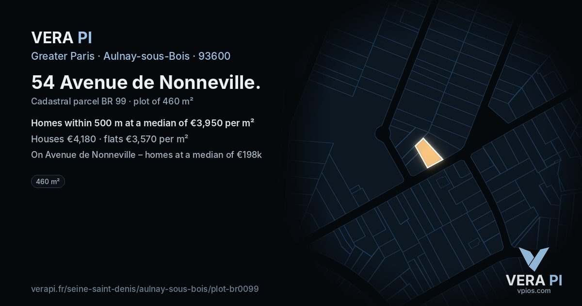54 Avenue de Nonneville, Aulnay-sous-Bois at night – the plot lit, the parcels around coloured by the prices near them
