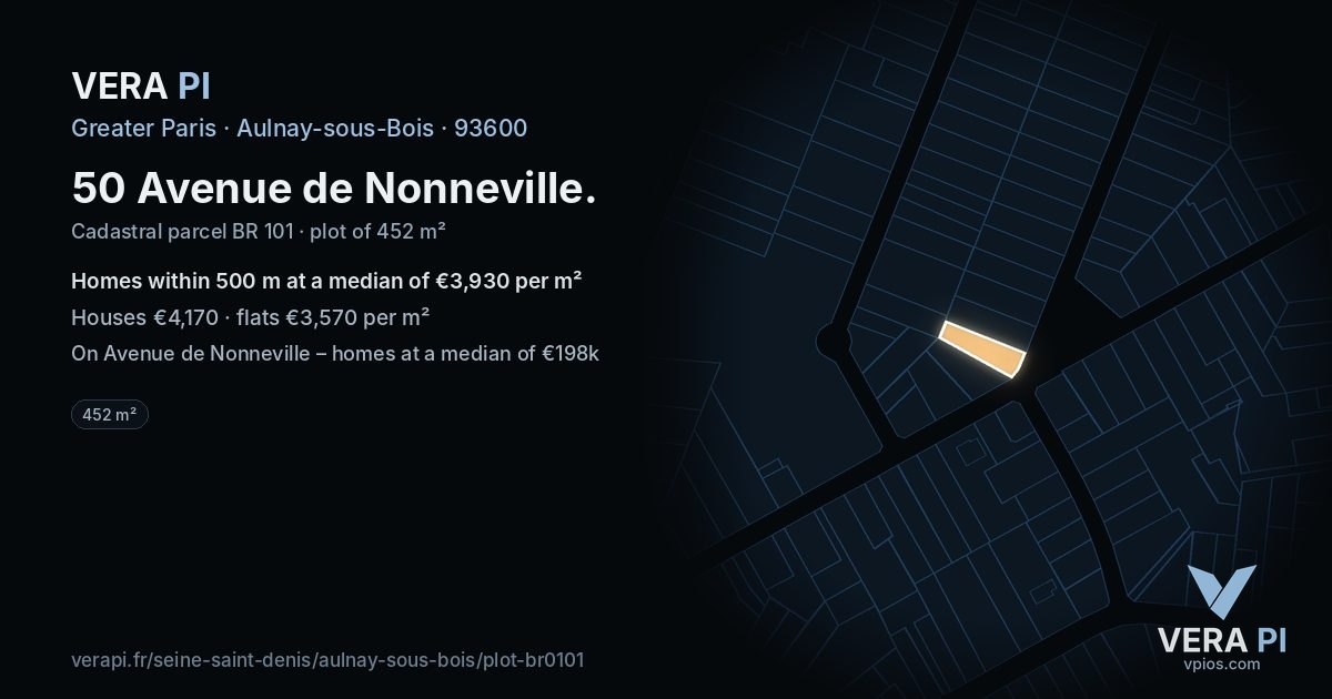 50 Avenue de Nonneville, Aulnay-sous-Bois at night – the plot lit, the parcels around coloured by the prices near them
