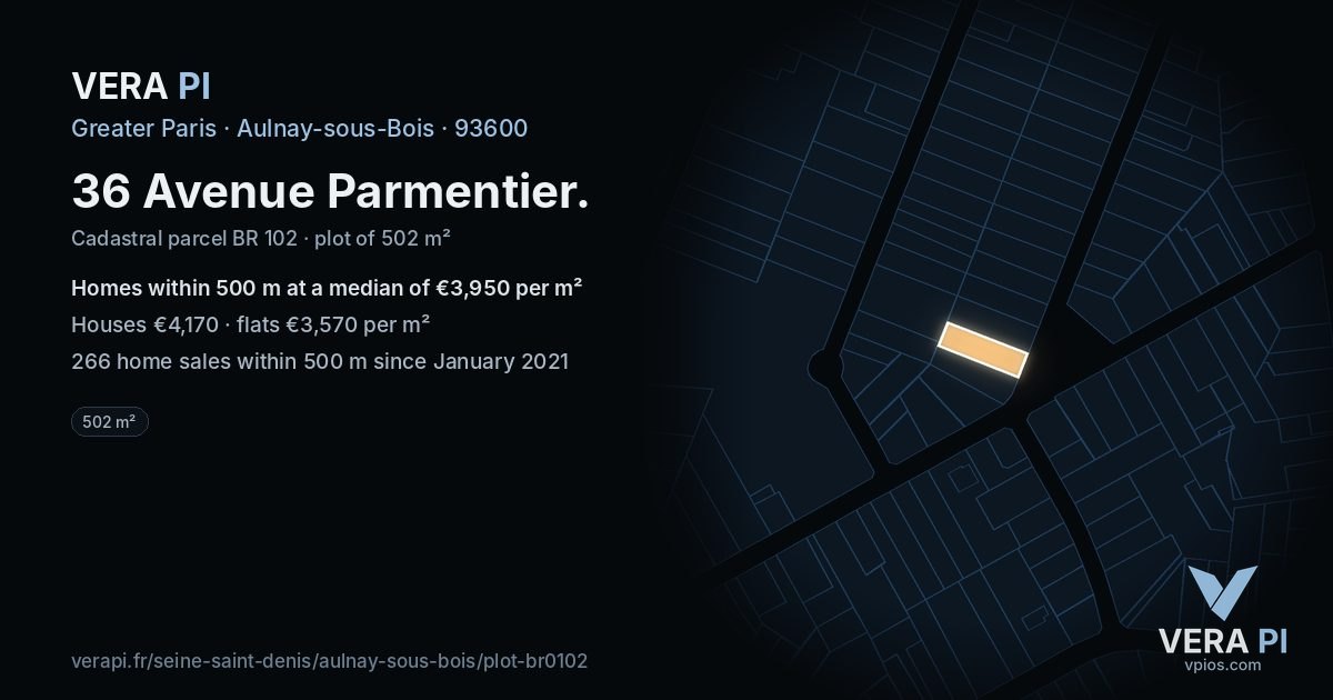 36 Avenue Parmentier, Aulnay-sous-Bois at night – the plot lit, the parcels around coloured by the prices near them