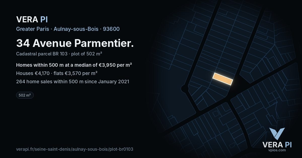 34 Avenue Parmentier, Aulnay-sous-Bois at night – the plot lit, the parcels around coloured by the prices near them