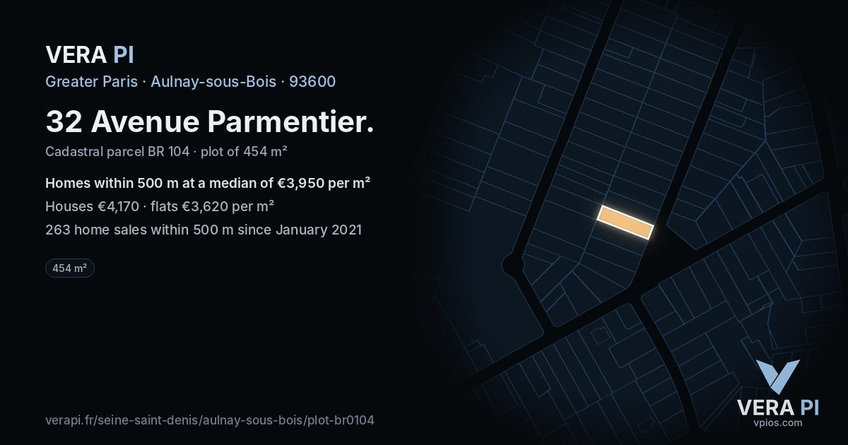 32 Avenue Parmentier, Aulnay-sous-Bois at night – the plot lit, the parcels around coloured by the prices near them