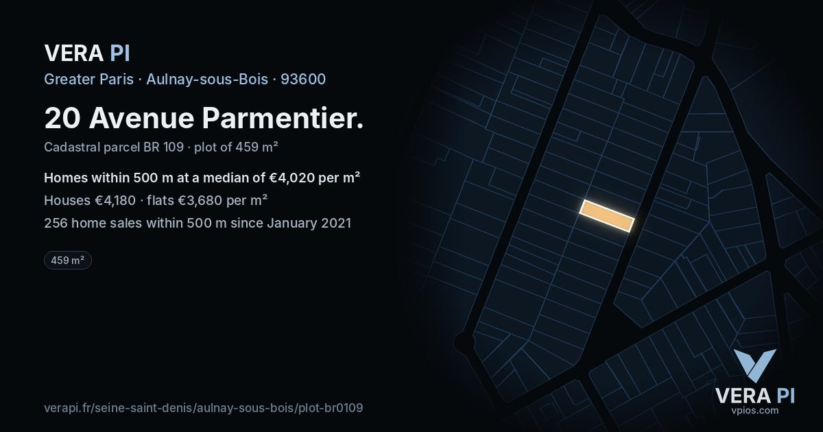 20 Avenue Parmentier, Aulnay-sous-Bois at night – the plot lit, the parcels around coloured by the prices near them