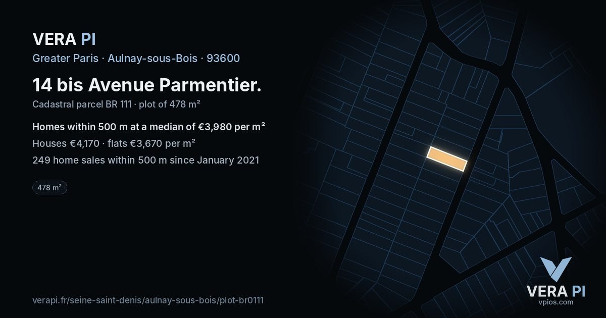 14 bis Avenue Parmentier, Aulnay-sous-Bois at night – the plot lit, the parcels around coloured by the prices near them