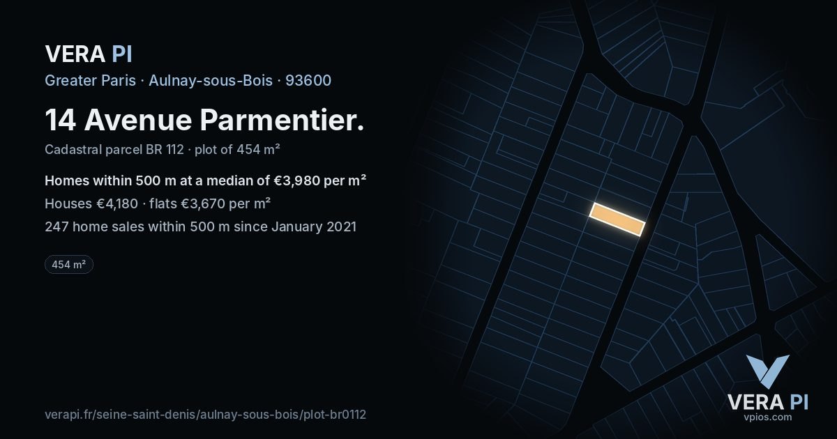 14 Avenue Parmentier, Aulnay-sous-Bois at night – the plot lit, the parcels around coloured by the prices near them