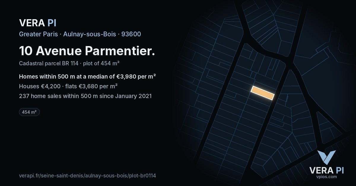 10 Avenue Parmentier, Aulnay-sous-Bois at night – the plot lit, the parcels around coloured by the prices near them