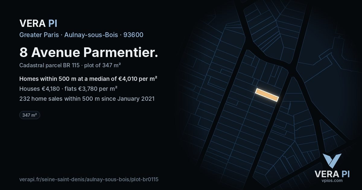 8 Avenue Parmentier, Aulnay-sous-Bois at night – the plot lit, the parcels around coloured by the prices near them