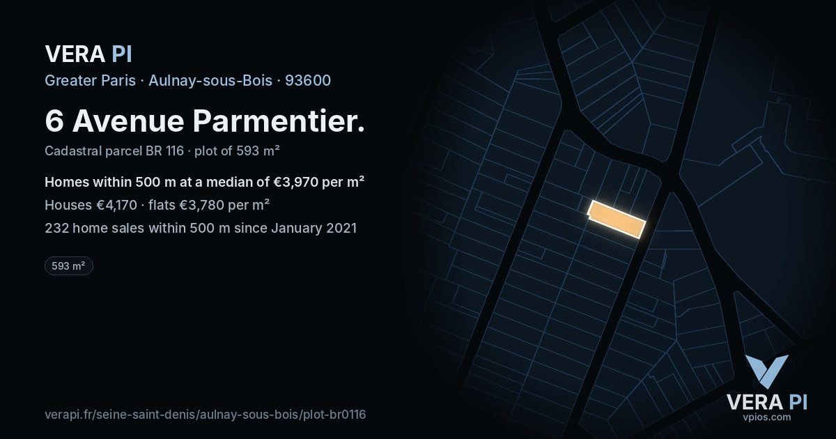 6 Avenue Parmentier, Aulnay-sous-Bois at night – the plot lit, the parcels around coloured by the prices near them