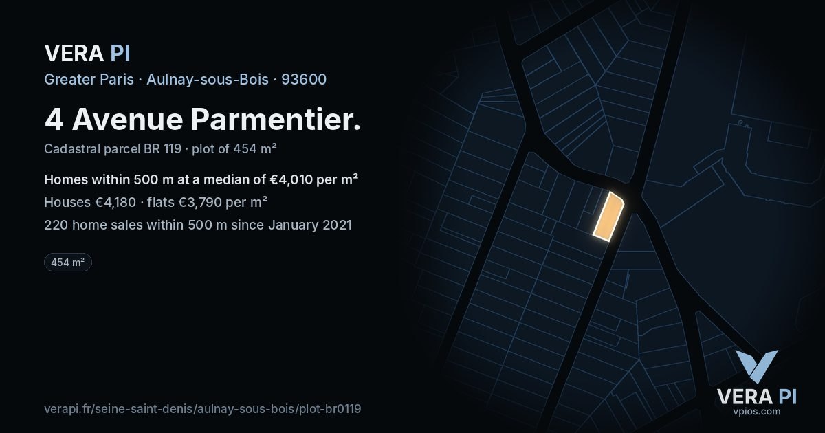 4 Avenue Parmentier, Aulnay-sous-Bois at night – the plot lit, the parcels around coloured by the prices near them