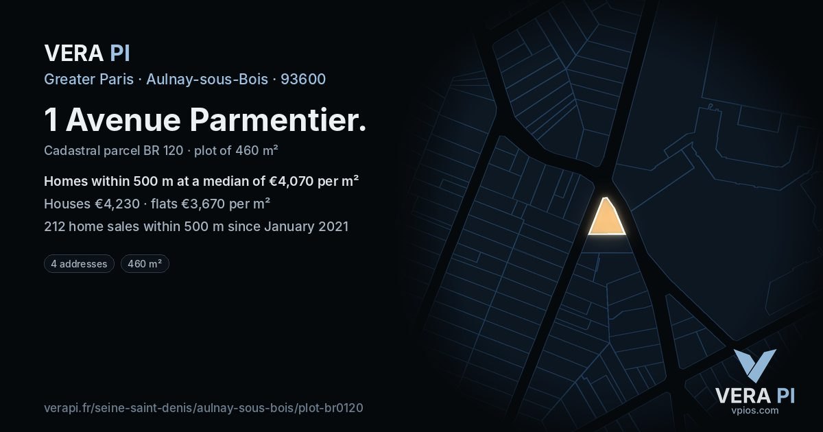 1 Avenue Parmentier, Aulnay-sous-Bois at night – the plot lit, the parcels around coloured by the prices near them