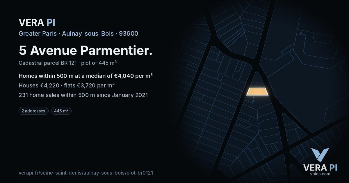 5 Avenue Parmentier, Aulnay-sous-Bois at night – the plot lit, the parcels around coloured by the prices near them