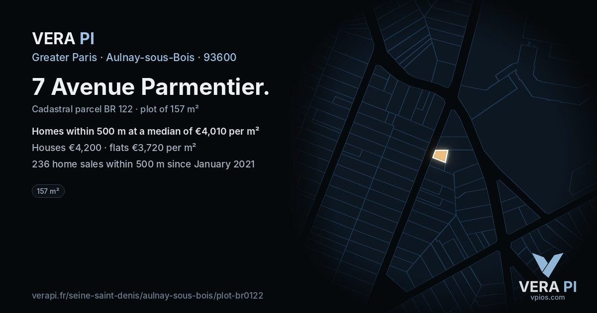 7 Avenue Parmentier, Aulnay-sous-Bois at night – the plot lit, the parcels around coloured by the prices near them