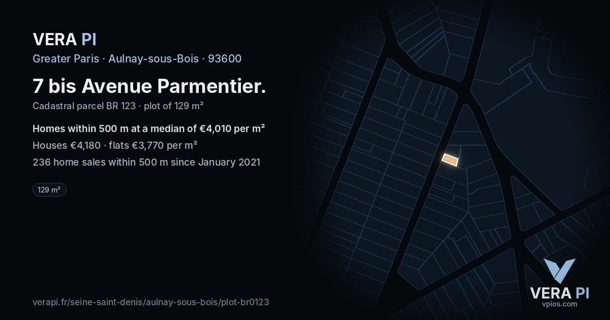 7 bis Avenue Parmentier, Aulnay-sous-Bois at night – the plot lit, the parcels around coloured by the prices near them