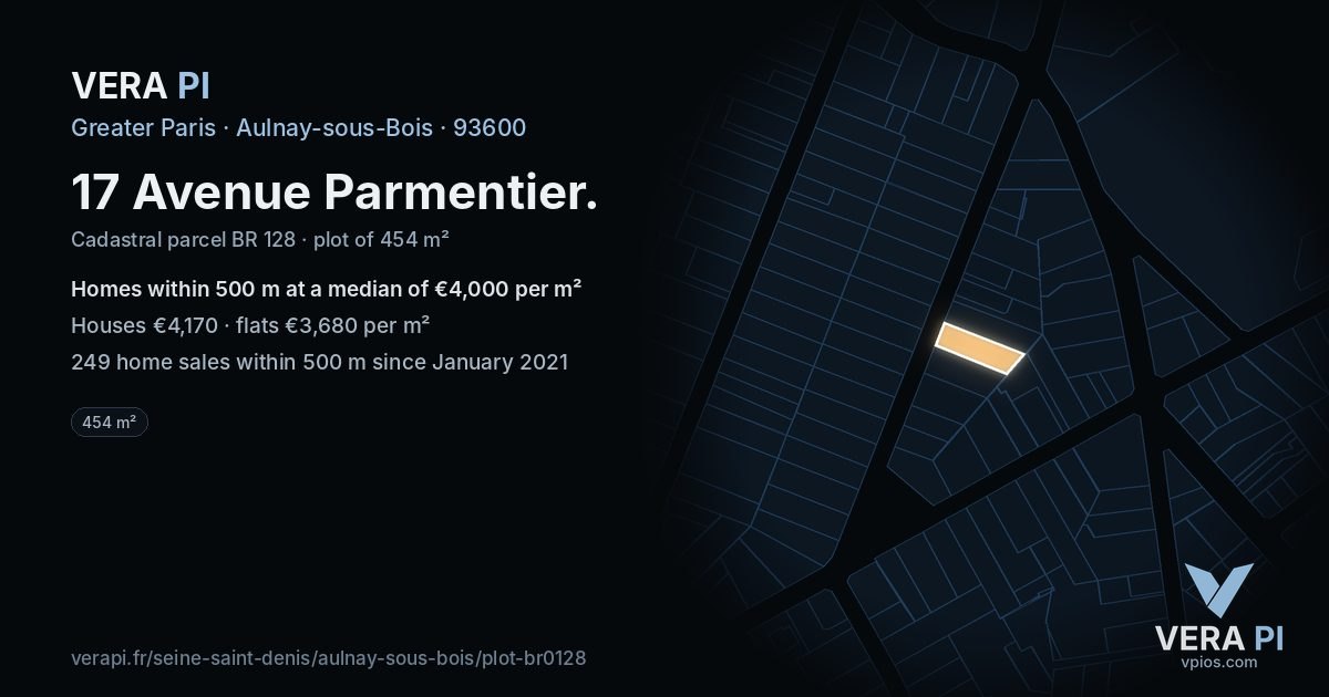 17 Avenue Parmentier, Aulnay-sous-Bois at night – the plot lit, the parcels around coloured by the prices near them