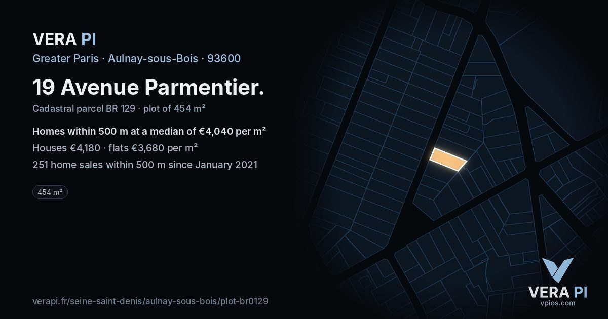 19 Avenue Parmentier, Aulnay-sous-Bois at night – the plot lit, the parcels around coloured by the prices near them