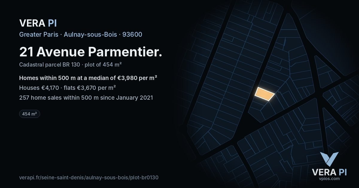 21 Avenue Parmentier, Aulnay-sous-Bois at night – the plot lit, the parcels around coloured by the prices near them