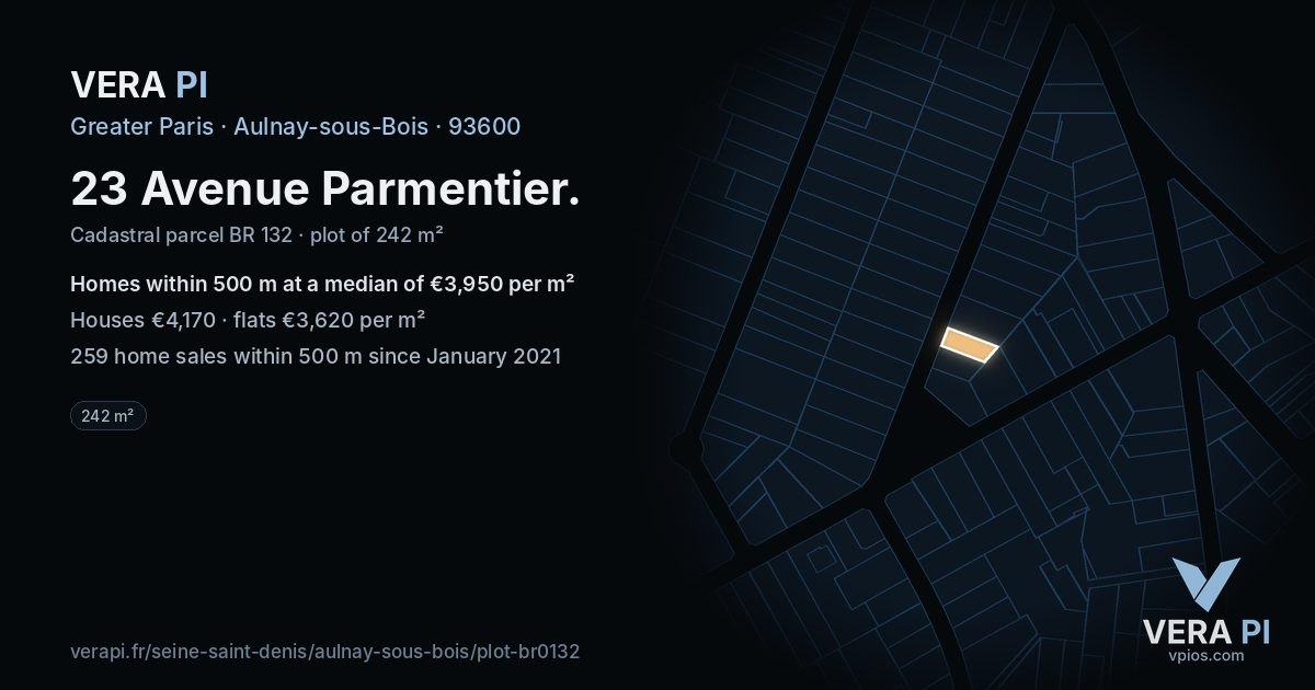 23 Avenue Parmentier, Aulnay-sous-Bois at night – the plot lit, the parcels around coloured by the prices near them