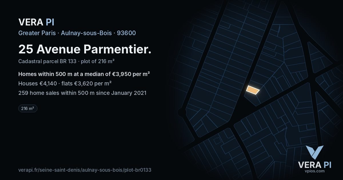 25 Avenue Parmentier, Aulnay-sous-Bois at night – the plot lit, the parcels around coloured by the prices near them