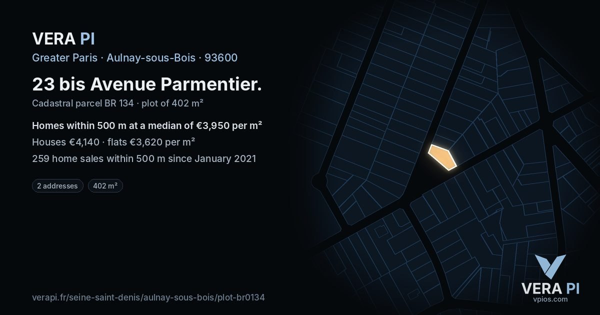 23 bis Avenue Parmentier, Aulnay-sous-Bois at night – the plot lit, the parcels around coloured by the prices near them