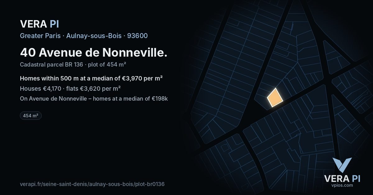 40 Avenue de Nonneville, Aulnay-sous-Bois at night – the plot lit, the parcels around coloured by the prices near them