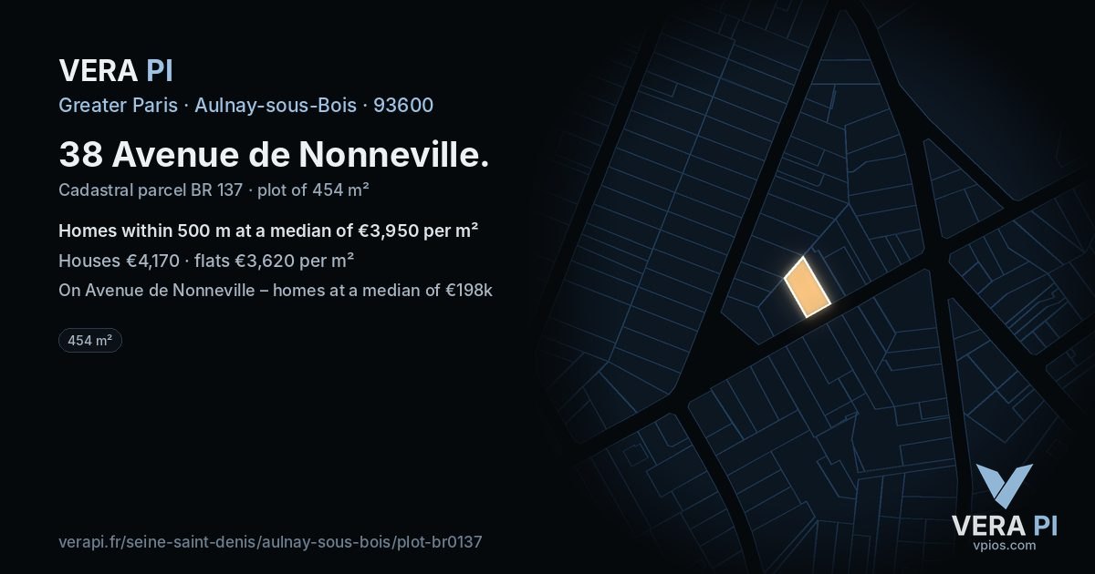 38 Avenue de Nonneville, Aulnay-sous-Bois at night – the plot lit, the parcels around coloured by the prices near them