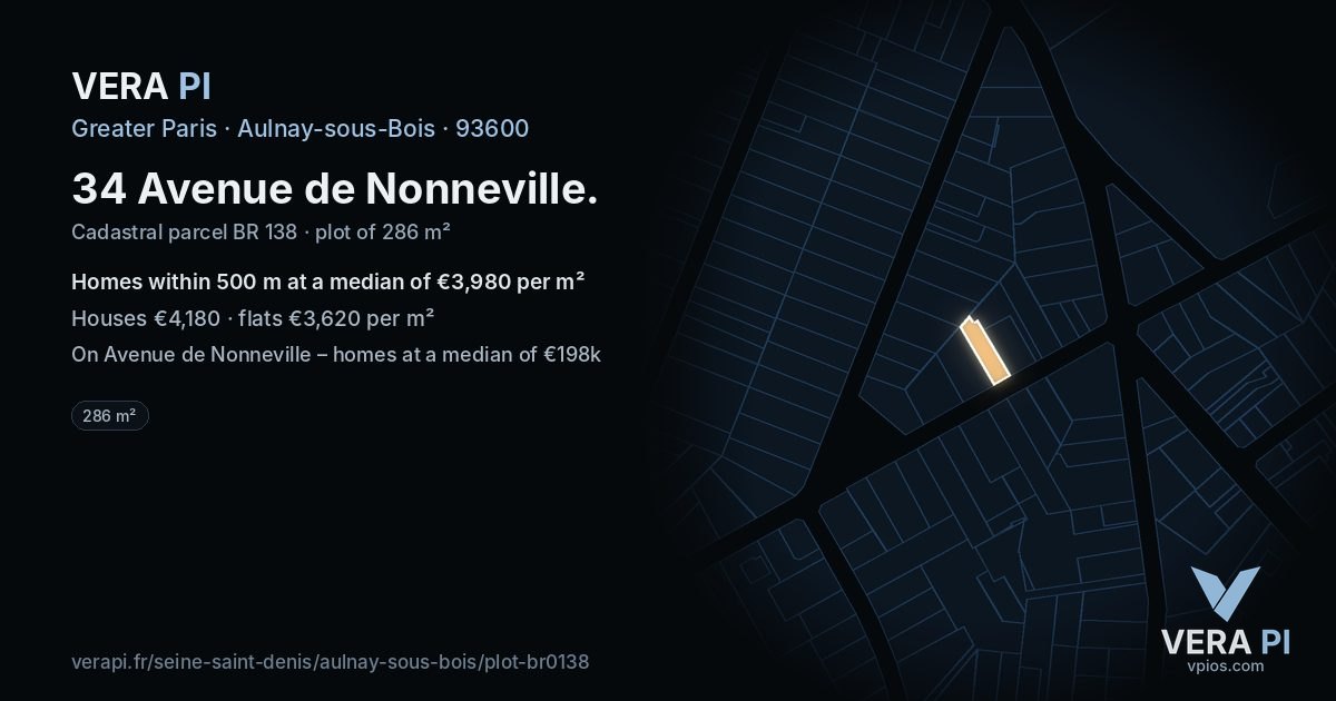 34 Avenue de Nonneville, Aulnay-sous-Bois at night – the plot lit, the parcels around coloured by the prices near them