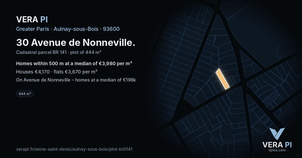 30 Avenue de Nonneville, Aulnay-sous-Bois at night – the plot lit, the parcels around coloured by the prices near them