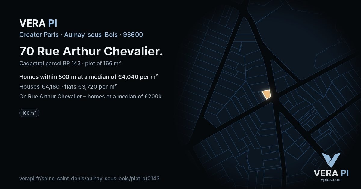 70 Rue Arthur Chevalier, Aulnay-sous-Bois at night – the plot lit, the parcels around coloured by the prices near them