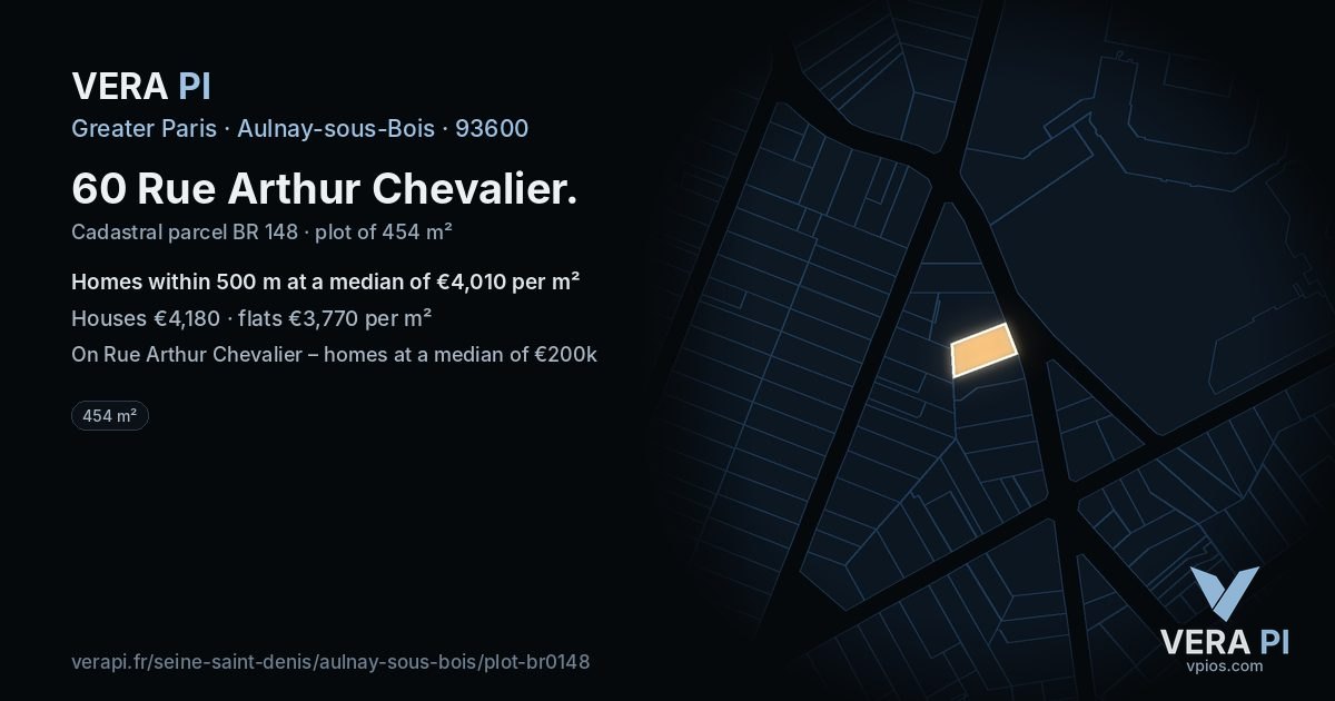 60 Rue Arthur Chevalier, Aulnay-sous-Bois at night – the plot lit, the parcels around coloured by the prices near them